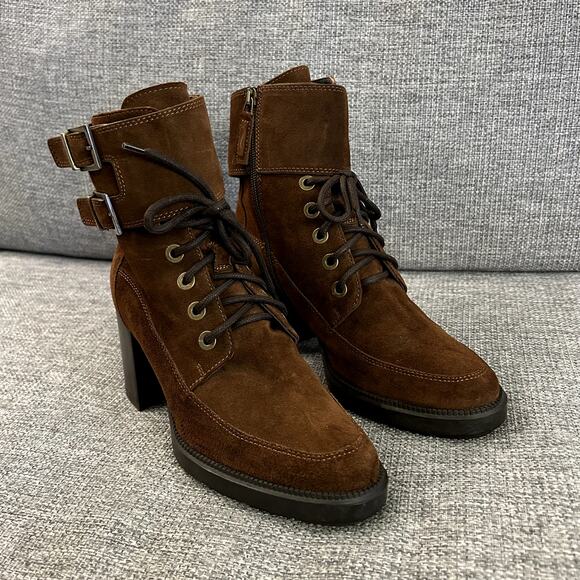 EUC Aquatalia Irene Brown Suede Boots Sz 8.5 Heeled Buckle Lace Up Ankle Booties - Picture 2 of 16